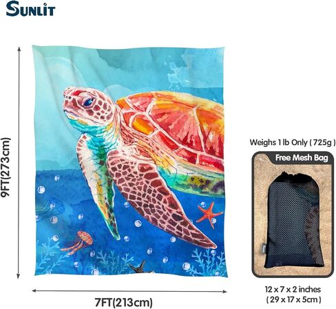 بطانية شاطئ كبيرة ناعمة مقاس 106 × 81 بوصة من Sunlit مع جيوب زاوية وحقيبة شبكية لحفلات الشاطئ والسفر والتخييم والنزهات الخارجية، خفيفة الوزن وقابلة للحمل، موجة زرقاء على شكل سلحفاة بحرية in Kuwait