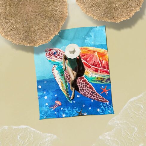 بطانية شاطئ كبيرة ناعمة مقاس 106 × 81 بوصة من Sunlit مع جيوب زاوية وحقيبة شبكية لحفلات الشاطئ والسفر والتخييم والنزهات الخارجية، خفيفة الوزن وقابلة للحمل، موجة زرقاء على شكل سلحفاة بحرية in Kuwait