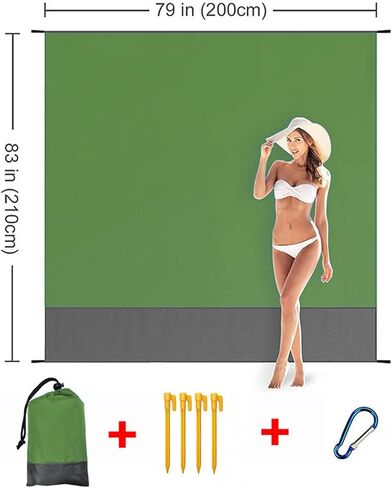 Beach Blanket Waterproof Sandproof Extra Large Picnic Mat Quick Drying Beach Mat Sand Free with 4 Stakes for Outdoor Travel Camping Hiking 79'x83' Dark Green in Kuwait