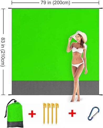 Beach Blanket Waterproof Sandproof Extra Large Picnic Mat Quick Drying Beach Mat Sand Free with 4 Stakes for Outdoor Travel Camping Hiking 79'x83' Dark Green in Kuwait