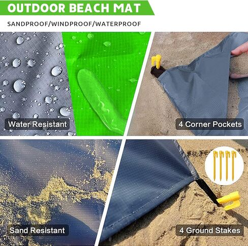 Beach Blanket Waterproof Sandproof Extra Large Picnic Mat Quick Drying Beach Mat Sand Free with 4 Stakes for Outdoor Travel Camping Hiking 79'x83' Dark Green in Kuwait