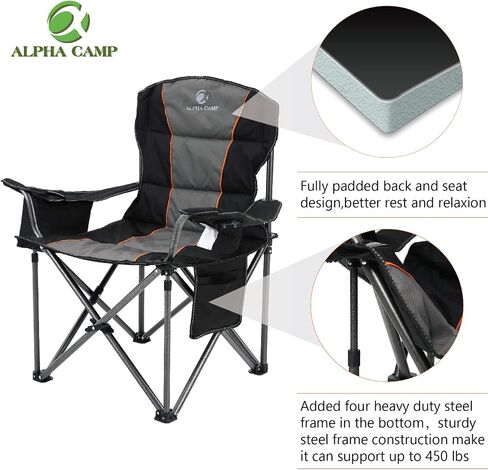 الفا كامب كرسي تخييم كبير الحجم قابل للطي شديد التحمل يتحمل حتى 450 باوند، اطار ستيل كبير الحجم قابل للطي مع حامل اكواب كرسي خلفي رباعي محمول للاستخدام في الاماكن الخارجية، اسود in Kuwait
