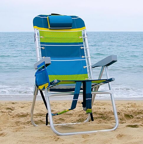 Homevative Cooler+ Folding Tall Backpack Beach Chair, High Tide Blue | High Seat Design 17in, Backpack Straps, Cup & Phone Holder, Cooler Pouch, Towel Bar, 5-Position Recline, Lay-Flat in Kuwait