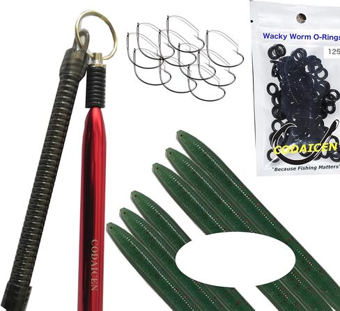 Wacky Rig Worm Fishing Tool Kit - Wacky Rig Tool, 125 Wacky Worm O-Rings, 10 Weedless Fishing Hooks and 6 Senko Style Salted Worms Stick Bait for Bass Fishing in Kuwait