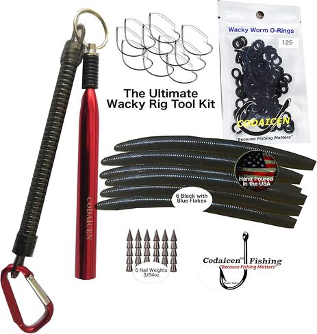 Wacky Rig Worm Fishing Tool Kit - Wacky Rig Tool, 125 Wacky Worm O-Rings, 10 Weedless Fishing Hooks and 6 Senko Style Salted Worms Stick Bait for Bass Fishing in Kuwait