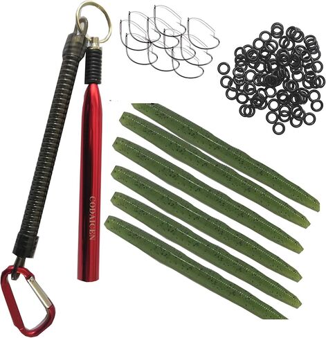 Wacky Rig Worm Fishing Tool Kit - Wacky Rig Tool, 125 Wacky Worm O-Rings, 10 Weedless Fishing Hooks and 6 Senko Style Salted Worms Stick Bait for Bass Fishing in Kuwait