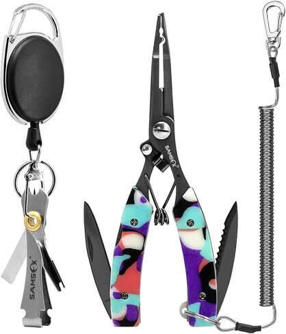 SAMSFX Locking Fishing Pliers Saltwater Resistant Teflon Coated Briad Line Cutters with Wire Coiled Lanyard, Sheath & Quick Knot Tool Combo in Kuwait