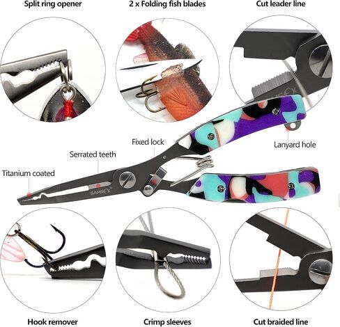 SAMSFX Locking Fishing Pliers Saltwater Resistant Teflon Coated Briad Line Cutters with Wire Coiled Lanyard, Sheath & Quick Knot Tool Combo in Kuwait