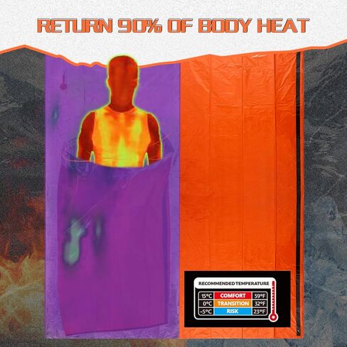 حقيبة نوم للطوارئ من Mezonn ومأوى للخيمة، تستخدم كبطانية للطوارئ، معدات بقاء خفيفة الوزن للمشي لمسافات طويلة في الهواء الطلق والتخييم والدفء بعد الزلازل والأعاصير والكوارث الأخرى in Kuwait