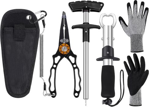 4 Pieces Fishing Tools Set Fishing Pliers Hook Remover Split Ring with Sheath and Lanyard, Fish Lip Gripper, Fish Hook Remover T-Shaped Hook Separator Tool and Cut-Resistant Non-Slip Gloves in Saudi Arabia