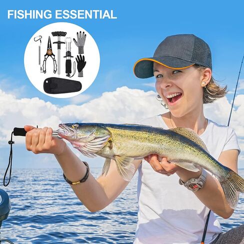 4 Pieces Fishing Tools Set Fishing Pliers Hook Remover Split Ring with Sheath and Lanyard, Fish Lip Gripper, Fish Hook Remover T-Shaped Hook Separator Tool and Cut-Resistant Non-Slip Gloves in Saudi Arabia