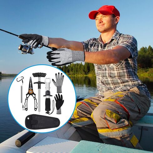 4 Pieces Fishing Tools Set Fishing Pliers Hook Remover Split Ring with Sheath and Lanyard, Fish Lip Gripper, Fish Hook Remover T-Shaped Hook Separator Tool and Cut-Resistant Non-Slip Gloves in Saudi Arabia