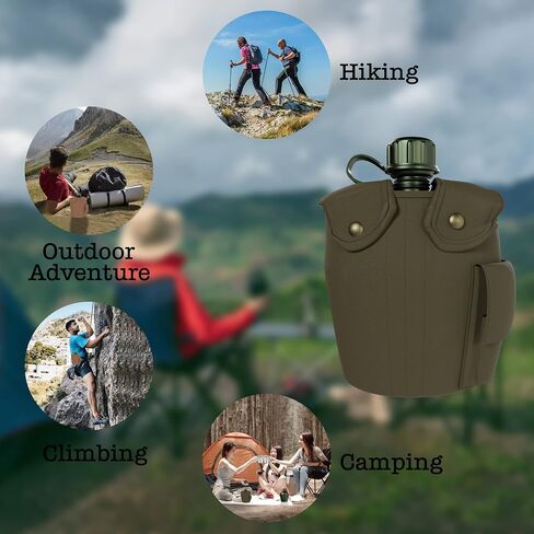 BaHoki Essentials Aluminum Canteen with Cover and Cup - Military Style Water Bottle Kit - for Outdoor Camping, Backpacking, Hiking (Black) in Saudi Arabia