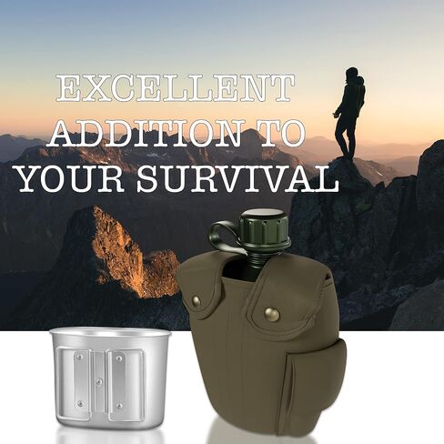 BaHoki Essentials Aluminum Canteen with Cover and Cup - Military Style Water Bottle Kit - for Outdoor Camping, Backpacking, Hiking (Black) in Saudi Arabia