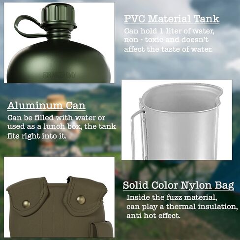 BaHoki Essentials Aluminum Canteen with Cover and Cup - Military Style Water Bottle Kit - for Outdoor Camping, Backpacking, Hiking (Black) in Saudi Arabia