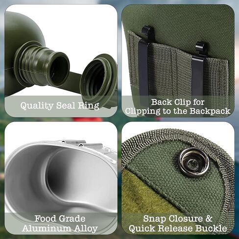 BaHoki Essentials Aluminum Canteen with Cover and Cup - Military Style Water Bottle Kit - for Outdoor Camping, Backpacking, Hiking (Black) in Saudi Arabia