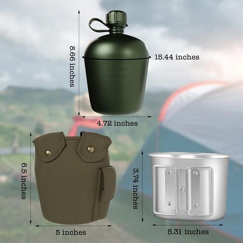 BaHoki Essentials Aluminum Canteen with Cover and Cup - Military Style Water Bottle Kit - for Outdoor Camping, Backpacking, Hiking (Black) in Saudi Arabia