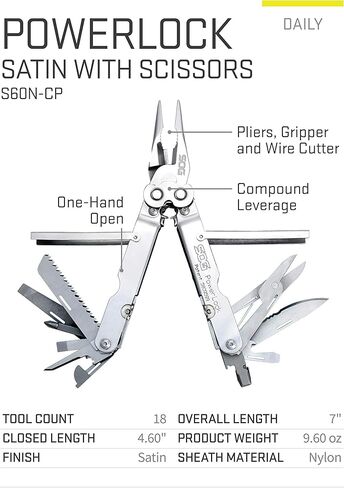 SOG PowerLock متعدد الأدوات - تقنية الرافعة المالية المركبة مع جهاز تجعيد التخلص من الذخائر المتفجرة، هيكل من الفولاذ المقاوم للصدأ 420، 18 أداة متخصصة خفيفة الوزن (B61N-CP)، أسود in Kuwait