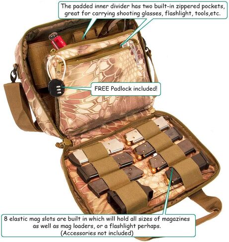 Pistol Case Range Bag for Handguns by FirstChoice; 2-4 Gun Padded Tactical Handgun Soft Case, Lockable Zippers w/Padlock, 3 Mini-Holsters, 8 Mag Slots, 4 Pockets, Range Mat (Green Kryptek Camo) in Saudi Arabia
