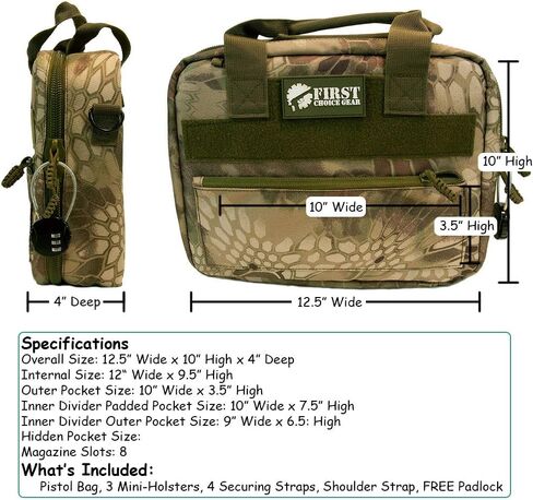 Pistol Case Range Bag for Handguns by FirstChoice; 2-4 Gun Padded Tactical Handgun Soft Case, Lockable Zippers w/Padlock, 3 Mini-Holsters, 8 Mag Slots, 4 Pockets, Range Mat (Green Kryptek Camo) in Saudi Arabia