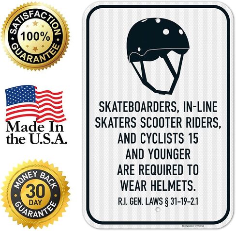 Skateboarders in Line Skaters Scooter Riders and Cyclists 15 and Younger | are Required to Wear A Helmet Sign, 12x18 Inches, Rust Free .063 Aluminum in Kuwait