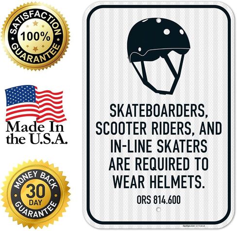 Skateboarders Scooter Riders and Inline Skaters are Required to Wear | Helmets Sign, 12x18 Inches, Rust Free .063 Aluminum, Fade Resistant, Made in Kuwait