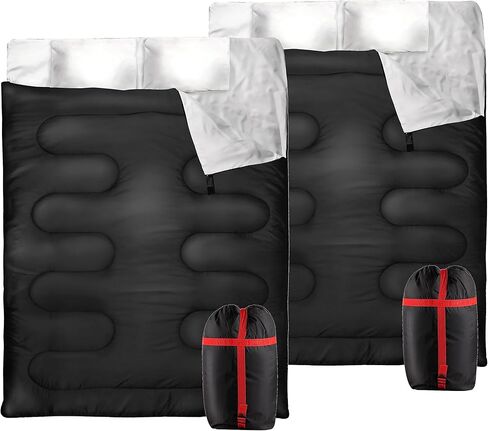 حقيبة نوم مزدوجة للتخييم من Zone Tech مع وسادتين - حقيبة نوم خفيفة الوزن مقاومة للماء والطقس الدافئ والبارد للبالغين والأطفال من 3 إلى 4 فصول تتحول إلى حقيبتين فرديتين للتخييم والمشي لمسافات طويلة وفي الهواء الطلق in Kuwait