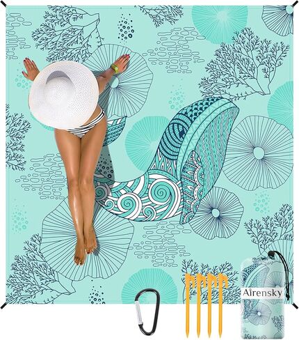 Beach Blanket, Sandproof Beach Mat 79" X 82" for 4-7 Adults, Large Waterproof Beach Blanket Quick Drying Lightweight Beach Blanket with 4 Stakes for Travel Camping Hiking(Blue Whale) in Kuwait