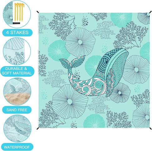 Beach Blanket, Sandproof Beach Mat 79" X 82" for 4-7 Adults, Large Waterproof Beach Blanket Quick Drying Lightweight Beach Blanket with 4 Stakes for Travel Camping Hiking(Blue Whale) in Kuwait