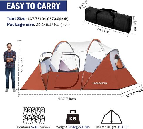 HIKERGARDEN 10 Person Camping Tent - Portable Easy Set Up Family Tent for Camp, Windproof Fabric Dome Tent Outdoor for Hiking, Backpacking, Traveling-14'x11'x74in(H) in Saudi Arabia