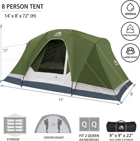 8 Person Camping Tents, 14’ X 8’ X 72'', Easy Set Up,Waterproof Family Tent for Outdoors & Travel with Large Mesh Windows in Saudi Arabia