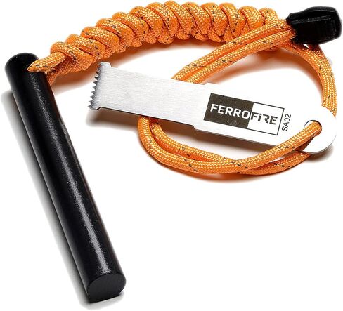 FERROFIRE FS124CK Heavy Duty Large Ferro Rod Fire Starter with 4 inch Long x 1/2 inch Thick Magnesium Flint and Steel Ferrocerium Rod Carbon Steel Striker 550 Paracord Lanyard Handle for Camping BBQ in Kuwait