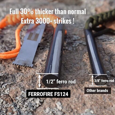 FERROFIRE FS124CK Heavy Duty Large Ferro Rod Fire Starter with 4 inch Long x 1/2 inch Thick Magnesium Flint and Steel Ferrocerium Rod Carbon Steel Striker 550 Paracord Lanyard Handle for Camping BBQ in Kuwait