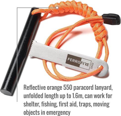 FERROFIRE FS124CK Heavy Duty Large Ferro Rod Fire Starter with 4 inch Long x 1/2 inch Thick Magnesium Flint and Steel Ferrocerium Rod Carbon Steel Striker 550 Paracord Lanyard Handle for Camping BBQ in Kuwait