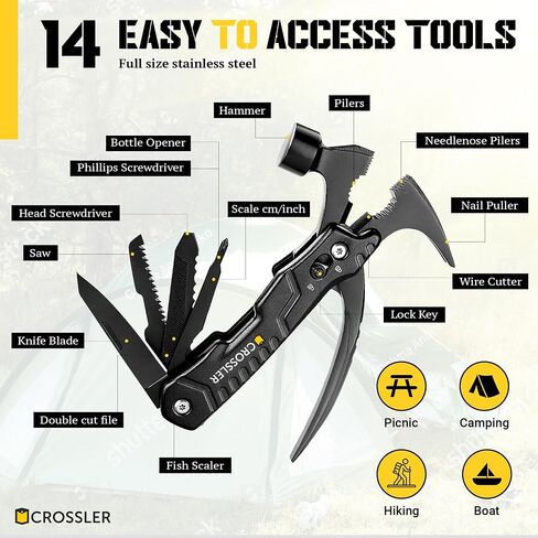 CROSSLER Multi Tool Hammer, 14-in-1 Multi-Functional Hammer, Survival Portable Multitool with Hammer, Camping Accessories Survival Gear, Anniversary Unique Gifts for Him Boyfriend Husband in Saudi Arabia