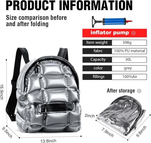 حقيبة ظهر منتفخة للسفر وصالة الألعاب الرياضية من BUTI4WLD، حقيبة ظهر مقاومة للماء بتصميم قابل للنفخ وخفيفة الوزن مع حقيبة ظهر ذات سعة كبيرة للنساء والرجال، فضي in Kuwait