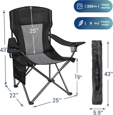 AsterOutdoor Camping Folding Chair Padded Quad Arm Chair with Large Cup Holders, Side Organizer & Back Pocket for Outdoor, Camp, Indoor, Patio, Fishing, Supports 350lbs in Kuwait