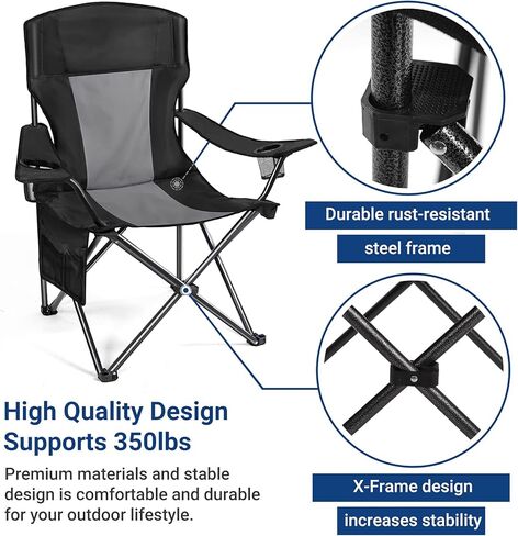 AsterOutdoor Camping Folding Chair Padded Quad Arm Chair with Large Cup Holders, Side Organizer & Back Pocket for Outdoor, Camp, Indoor, Patio, Fishing, Supports 350lbs in Kuwait