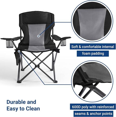 AsterOutdoor Camping Folding Chair Padded Quad Arm Chair with Large Cup Holders, Side Organizer & Back Pocket for Outdoor, Camp, Indoor, Patio, Fishing, Supports 350lbs in Kuwait