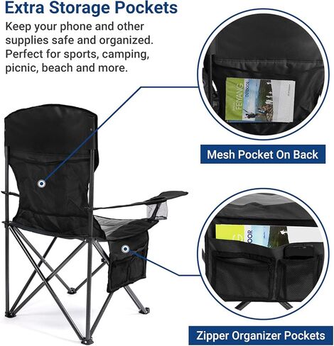 AsterOutdoor Camping Folding Chair Padded Quad Arm Chair with Large Cup Holders, Side Organizer & Back Pocket for Outdoor, Camp, Indoor, Patio, Fishing, Supports 350lbs in Kuwait