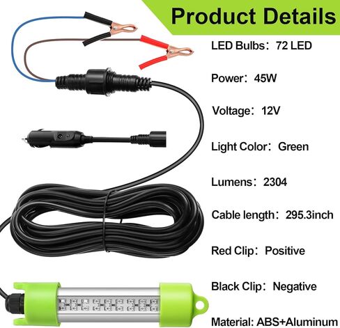 Retisee 2 قطعة 45 واط 12 فولت أخضر IP68 أضواء صيد ليلية غاطسة مقاومة للماء تحت الماء LED طعم السمك قارب متوهج جاذب للأسماك من الألومنيوم مع مشابك بطارية للروبيان الكرابي in Kuwait
