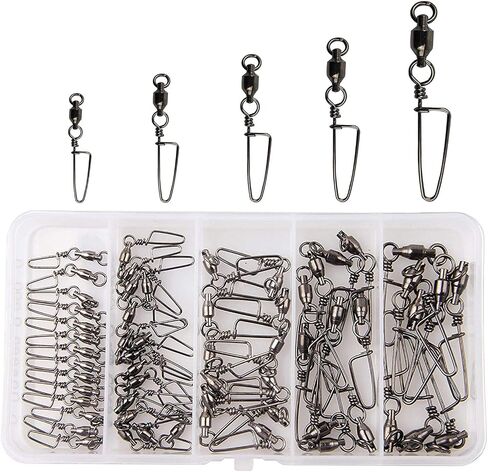 AGOOL Ball Bearing Fishing Swivel with Coastlock Snap Kit - 60pcs Stainless Steel Welded Ring Barrel Swivels Fish Line Connector Saltwater Fishing High Strength 8 to 440Lb Copper with Nickle Coated in Saudi Arabia