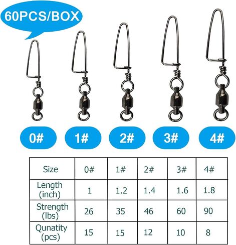 AGOOL Ball Bearing Fishing Swivel with Coastlock Snap Kit - 60pcs Stainless Steel Welded Ring Barrel Swivels Fish Line Connector Saltwater Fishing High Strength 8 to 440Lb Copper with Nickle Coated in Saudi Arabia