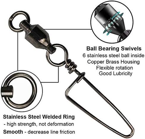 AGOOL Ball Bearing Fishing Swivel with Coastlock Snap Kit - 60pcs Stainless Steel Welded Ring Barrel Swivels Fish Line Connector Saltwater Fishing High Strength 8 to 440Lb Copper with Nickle Coated in Saudi Arabia