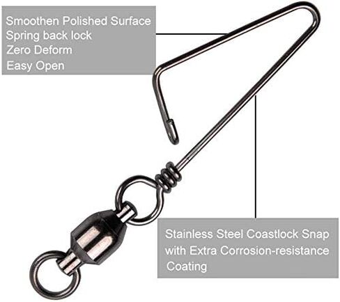 AGOOL Ball Bearing Fishing Swivel with Coastlock Snap Kit - 60pcs Stainless Steel Welded Ring Barrel Swivels Fish Line Connector Saltwater Fishing High Strength 8 to 440Lb Copper with Nickle Coated in Saudi Arabia