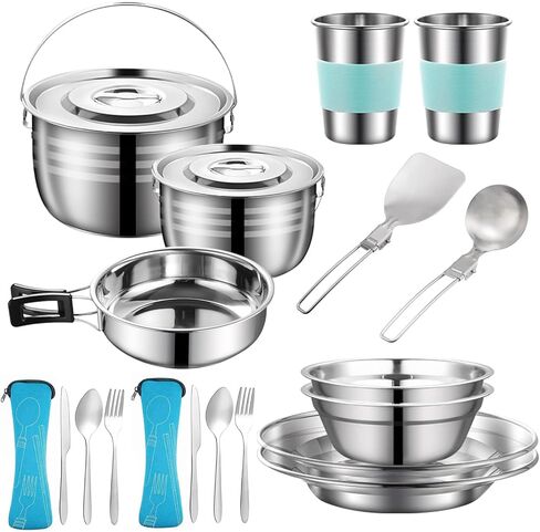 Camping Cookware Mess Kit,304 Stainless Steel Camping Cooking Set,Camping Pot and Pan Set with Blows Cups Plates Forks Knives Spoons for Hiking, Picnic, and Adventure Travel for 2-4 People in Kuwait