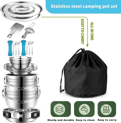 Camping Cookware Mess Kit,304 Stainless Steel Camping Cooking Set,Camping Pot and Pan Set with Blows Cups Plates Forks Knives Spoons for Hiking, Picnic, and Adventure Travel for 2-4 People in Kuwait