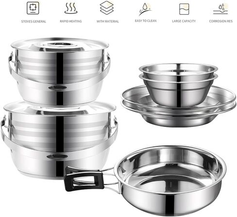 Camping Cookware Mess Kit,304 Stainless Steel Camping Cooking Set,Camping Pot and Pan Set with Blows Cups Plates Forks Knives Spoons for Hiking, Picnic, and Adventure Travel for 2-4 People in Kuwait