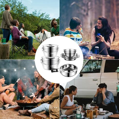 Camping Cookware Mess Kit,304 Stainless Steel Camping Cooking Set,Camping Pot and Pan Set with Blows Cups Plates Forks Knives Spoons for Hiking, Picnic, and Adventure Travel for 2-4 People in Kuwait