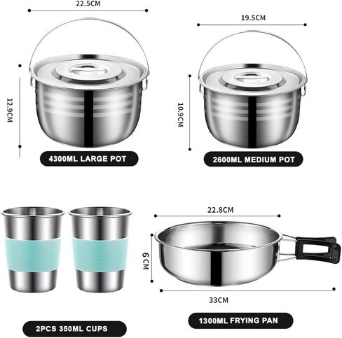 Camping Cookware Mess Kit,304 Stainless Steel Camping Cooking Set,Camping Pot and Pan Set with Blows Cups Plates Forks Knives Spoons for Hiking, Picnic, and Adventure Travel for 2-4 People in Kuwait
